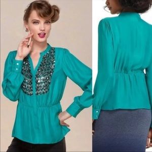 Maeve Teal Sequined Peplum Blouse